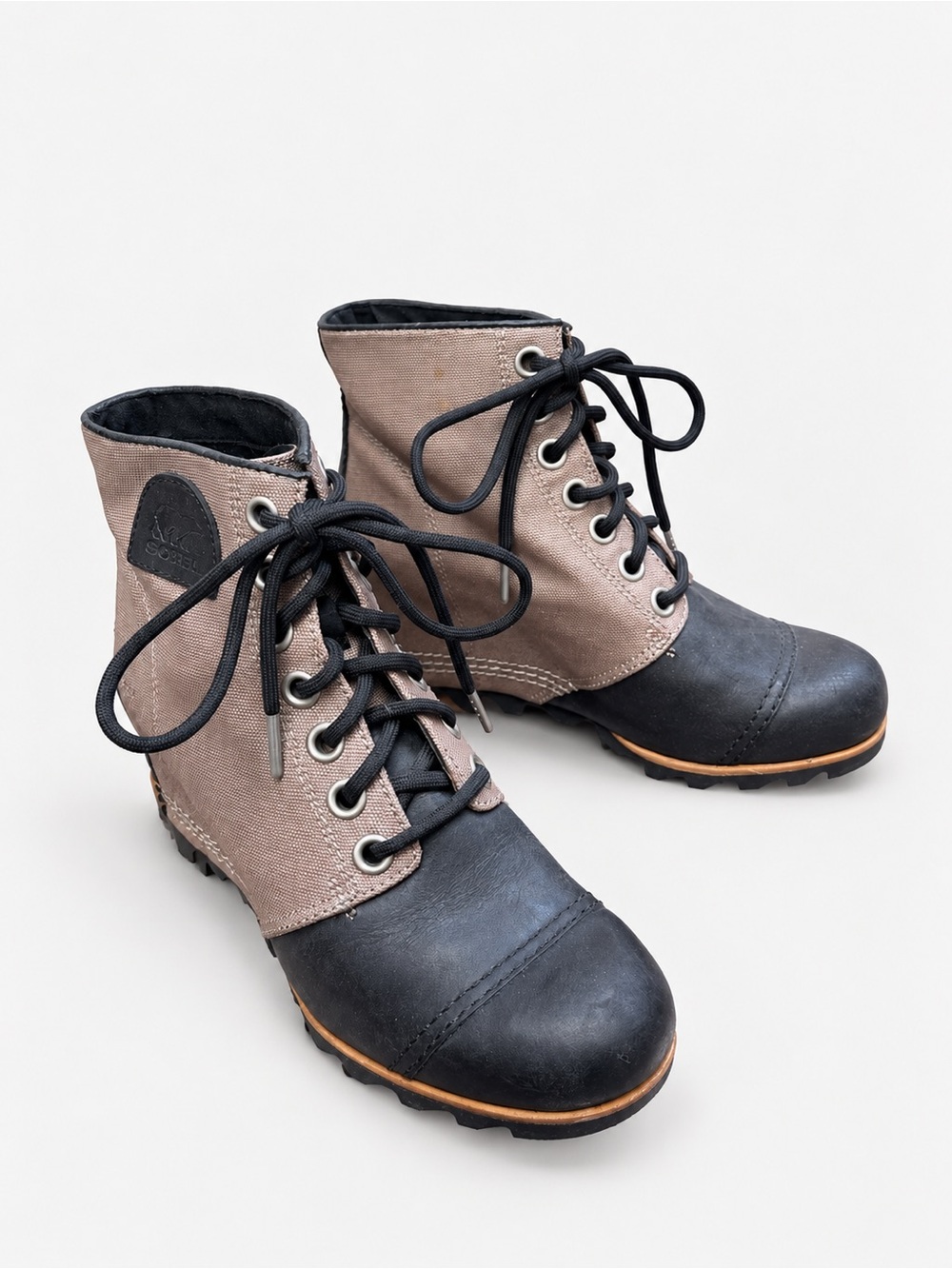 SOREL 1964 Premium Wedge Lace Up Boots Peatmoss Black Canvas Leather US 8